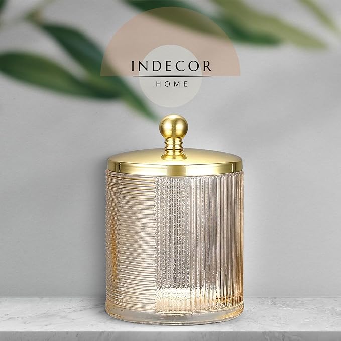 Glass Jar with Metal Lid for Bathroom Organization, Clear Apothecary Jar for Cotton Balls, Q Tips, and Small Accessories, Stylish Bathroom Storage Container Tan, Gold