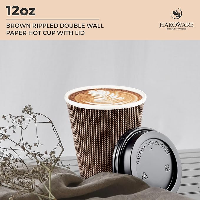 [400 SET]Harvest Pack 12 oz Disposable Coffee Cups, Insulated Ripple Double-Walled Paper Cup with Lid, Brown Geometric, Tea Hot Chocolate Drinks To go coffee cups