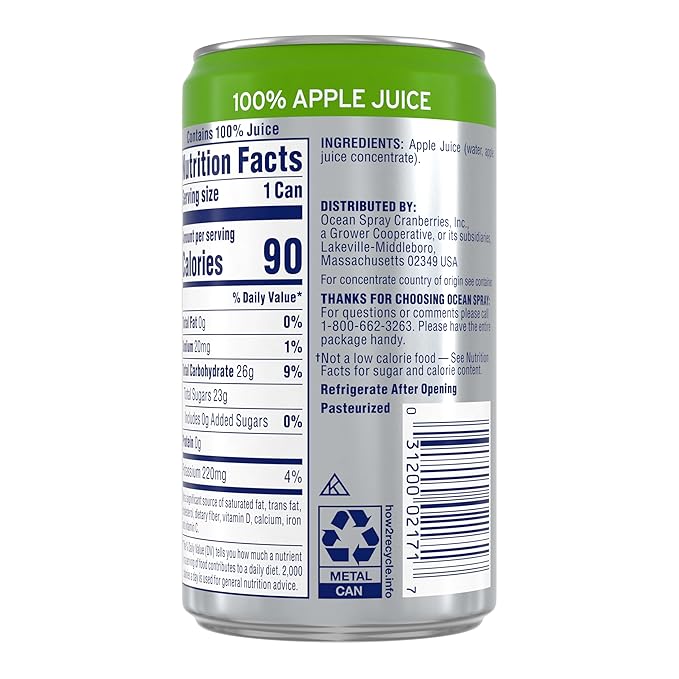 Ocean Spray 100% Apple Juice, 7.2 oz Cans (Pack of 24)