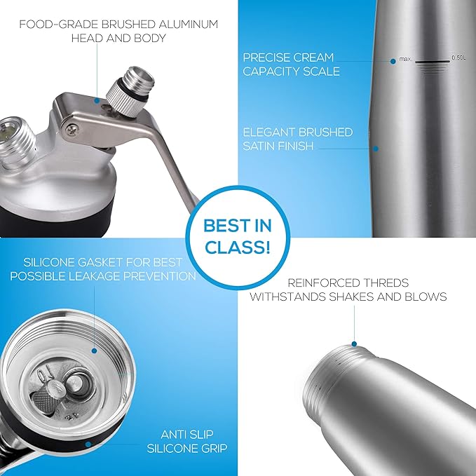 OCTANDRA Professional Whipped Cream Dispenser – 1 Pint Aluminum Whipper Canister - Whipping Siphon - Whip Cream Maker with 3 Stainless Steel Tips, 2 Charger Holders, Brush & Storage Cap