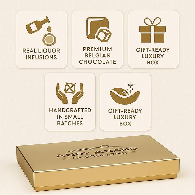 Andy Anand Chocolatier Champagne, Rum, Irish Cream & Kahlua Belgian Chocolate Truffles Gift Box - Handmade liqueur filled Delicious Gourmet Chocolates, Assortment for Connoisseurs (16 Pcs)