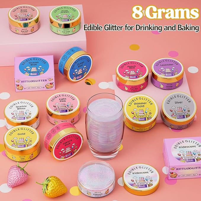 Nomeca Edible Glitter for Drinks Cakes, 8 grams Food Grade Luster Dust Sprinkles Glitter for Cake Decorations, DIY Cocktails, Beverages & Cake Decorating, Dessert Cake Topper (7-Shimmer Gold)