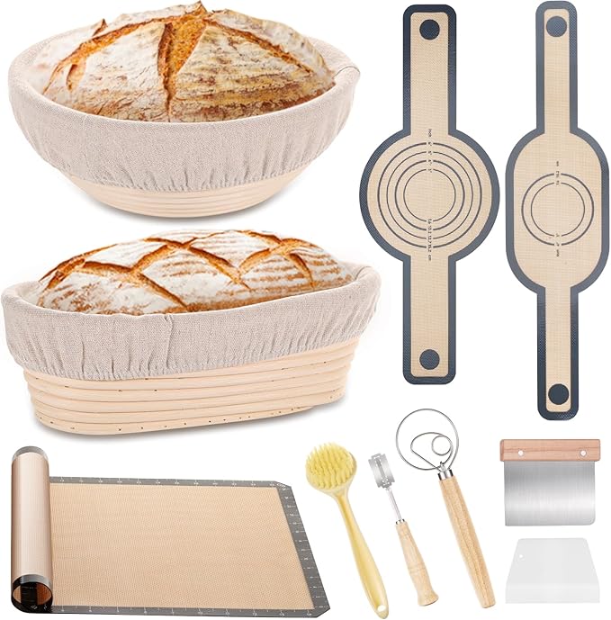 Banneton Bread Proofing Basket Set, 10 In Oval and 9 in Round Proofing Basket, Sourdough Bread Baking Supplies, Silicone Baking Mat, Danish Dough Whisk, Perfect Baker's Gift Set