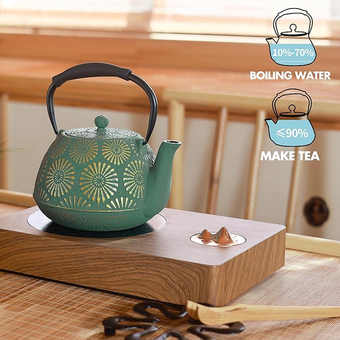 Cast Iron Teapot, 40oz Tea Kettle with Infuser for Stove Top, Sakura Design Japanese Tea Pot for Tea&Coffee Coated with Enameled Interior, Silicone Handle 1200ml Green