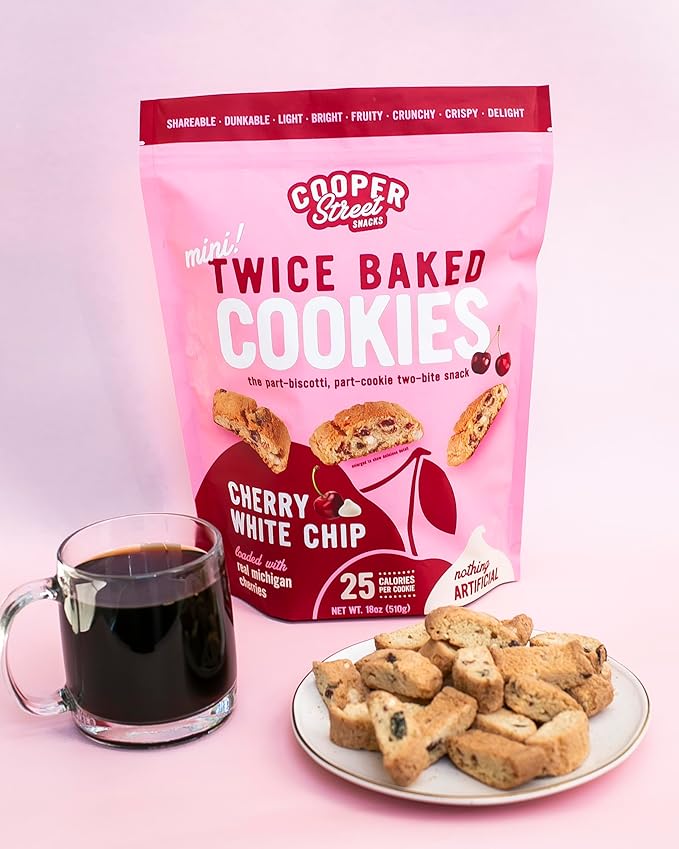 Cooper Street Twice-Baked Cherry White Chip Biscotti Cookies (16 oz) – Over 50 Biscotti Cookies per Bag Loaded with Real Fruit, Traditional Italian Style Snacks - Dairy, Peanut & Soy Free, Kosher