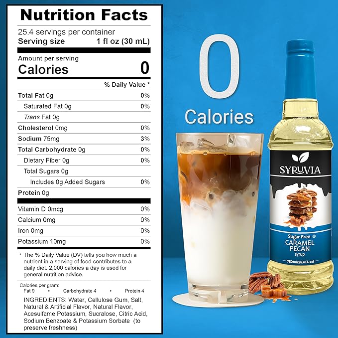 Syruvia Sugar Free Coffee Syrup, Caramel Pecan Flavored Syrup for Drinks, Lattes, and Desserts – 25.4 fl oz