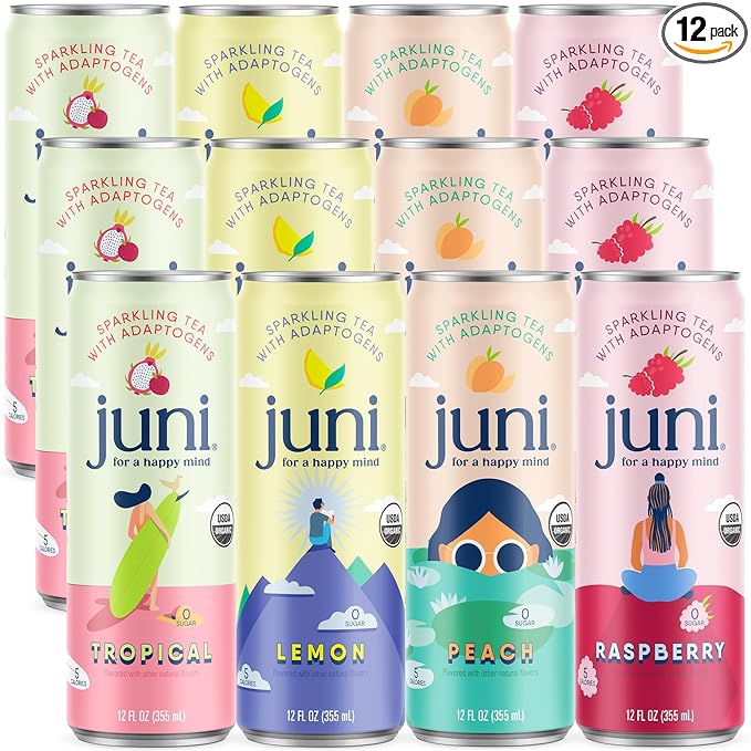 Juni Sparkling Adaptogen Drink with Ashwagandha, Lion’s Mane & Reishi Mushrooms | Green Tea for Focus, Zero Sugar, 5 Calories, Organic | Non Alcoholic Drinks - Variety Pack 12 pack