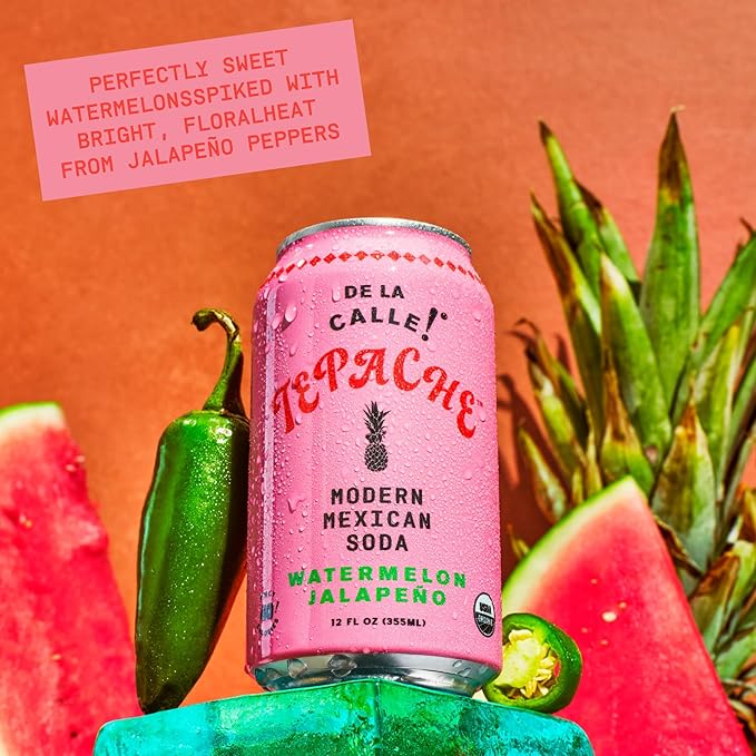De La Calle Tepache - Watermelon Jalapeño - Modern Mexican Soda - Craft Fermented Pineapple Sparkling Beverage - Certified Organic, Antioxidant Rich, Non-Alcoholic, Healthy Soda, Low Sugar, Low Calorie, Non-GMO