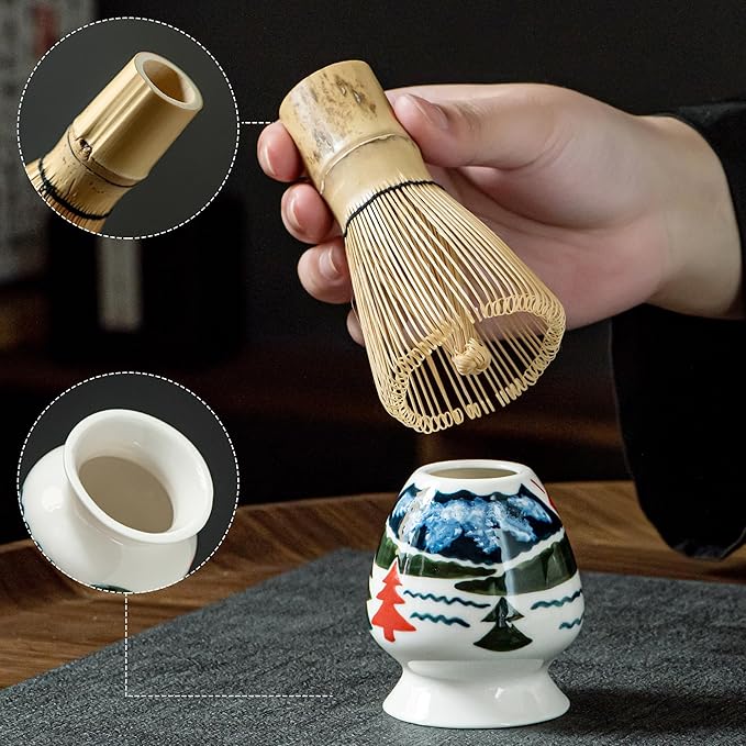 Fuji Mountain Matcha Bowl Set – 6-Pcs Hand-Painted Scenic Japanese Tea Ceremony Kit | Matcha Bowl with Spout, 2 Cups, Bamboo Whisk, Scoop & Whisk Holder | Gift for Tea Ceremony Lovers