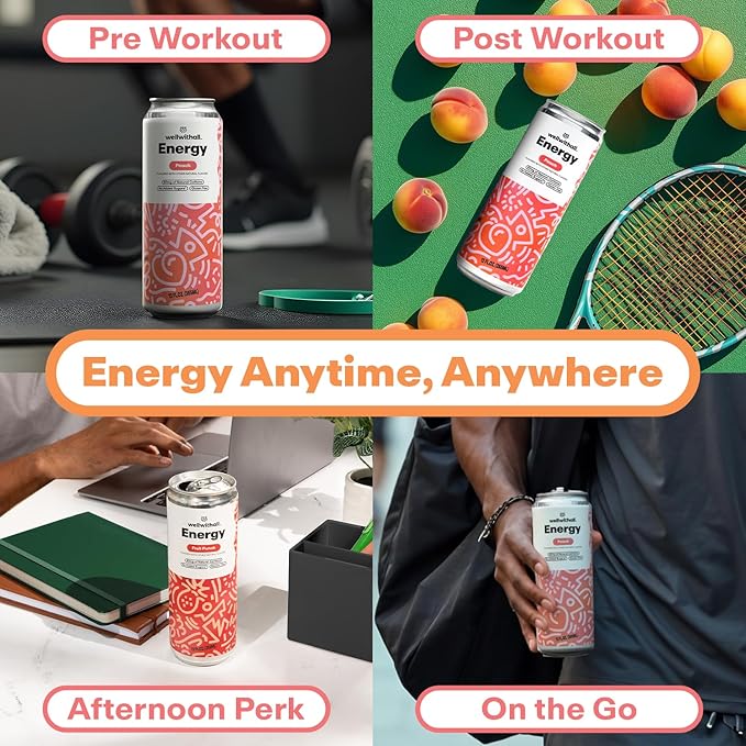 WellWithAll Peach Energy Drink – Caffeine from Tea – With Vitamin C – Lightly Sparkling Beverage – Fruit & Veggie Juice Blend – 12 Oz (Pack of 12)