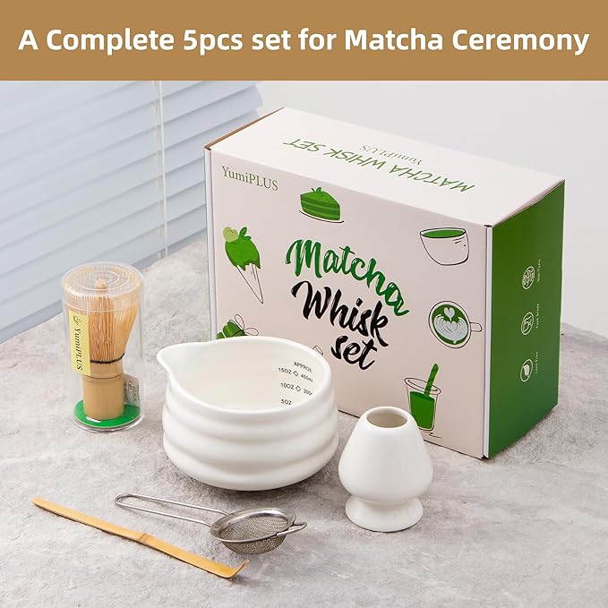 5pcs Premium Matcha Set,Ceramic Bowl with Spout and Bamboo Whisk set, Ceremonical Matcha Kit for breakfast/latte,Tea Starter Making Kit,Unique Matcha Gift set (white)