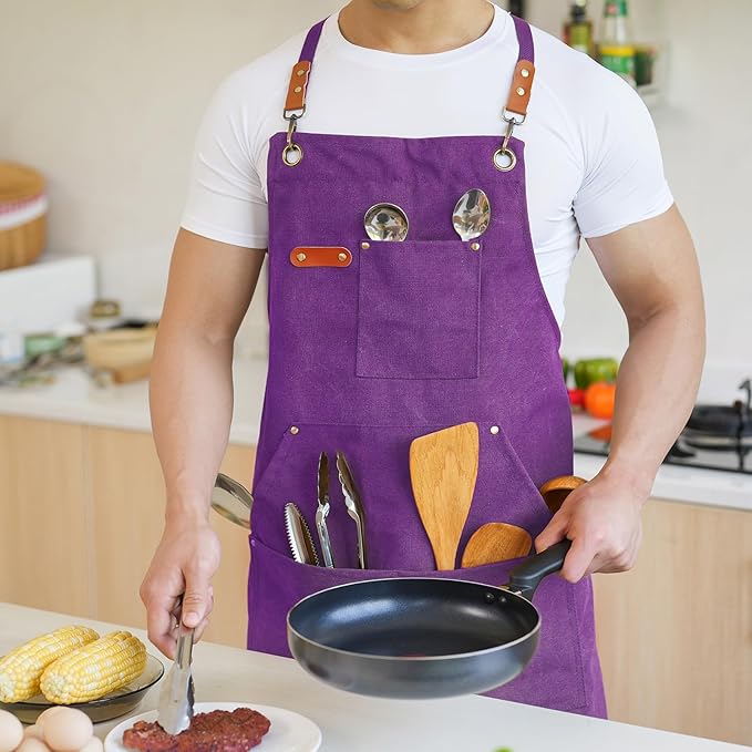 Canvas Aprons for Men Chef Apron, Work Apron with Large Pockets - 16oz Heavy Duty Cross Back, BBQ, Cooking
