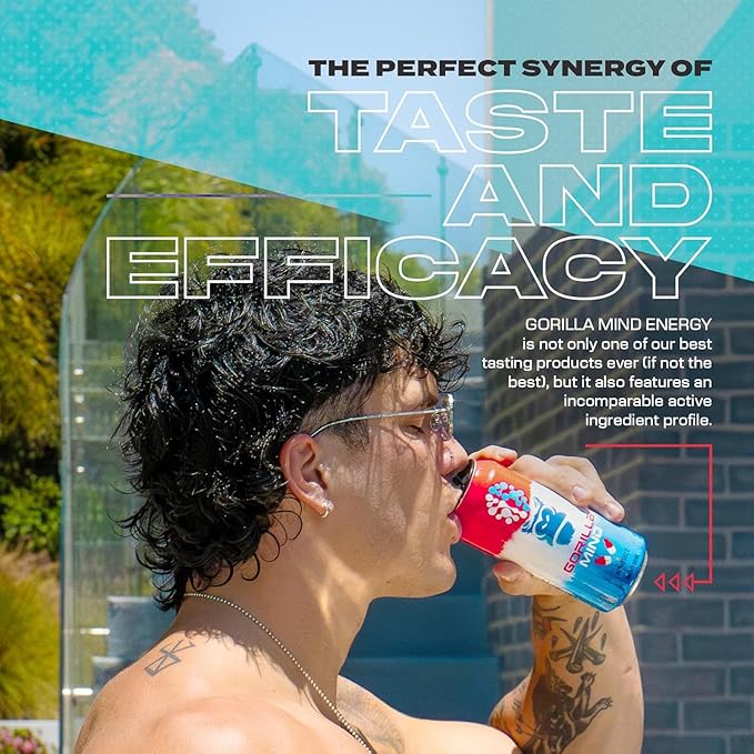 Gorilla Mind Energy Drink | Unmatched Energy · Amplified Focus | N-Acetyl-L-Tyrosine, Alpha-GPC, 200mg Caffeine, Uridine, Saffron | 0 Sugar Or Artificial Colors | 16oz, 12-Pack (Blue Raspberry)