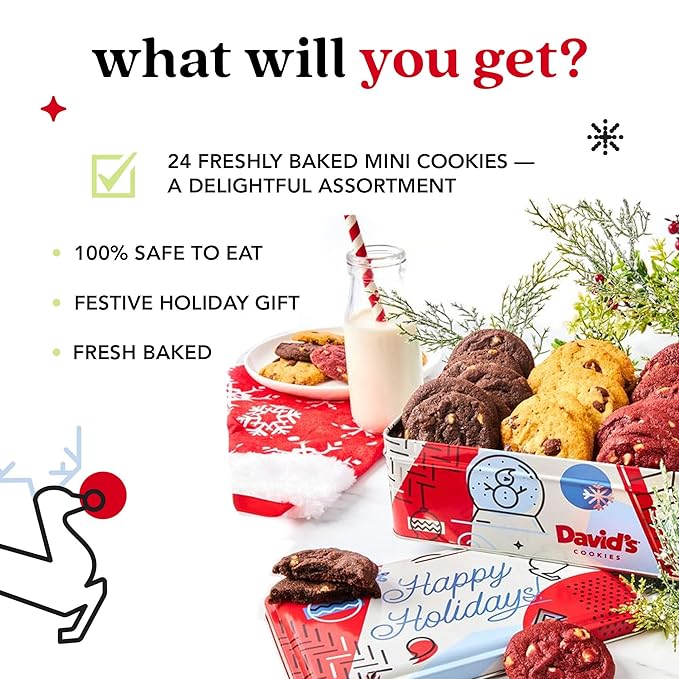 David's Cookies Christmas Cookies Gift Box 24 Pack, Fresh Baked Assorted Mini Cookies in Winterwonderland Tin with Chocolate Chip, White Chocolate Chip & Red Velvet - Gourmet Holiday Food Gift Basket