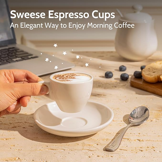 Sweese 2 Ounce Espresso Cups with Saucers, Porcelain Espresso Cups Set of 6 - White