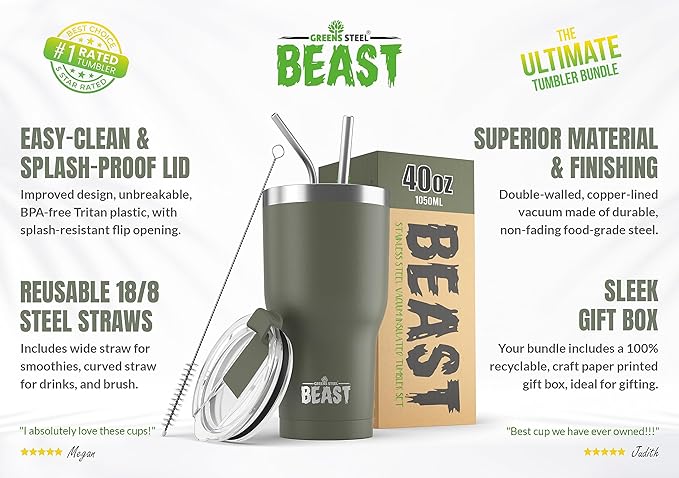 Beast 40 oz Tumbler Stainless Steel Vacuum Insulated Coffee Ice Cup Double Wall Travel Flask (Army Green)