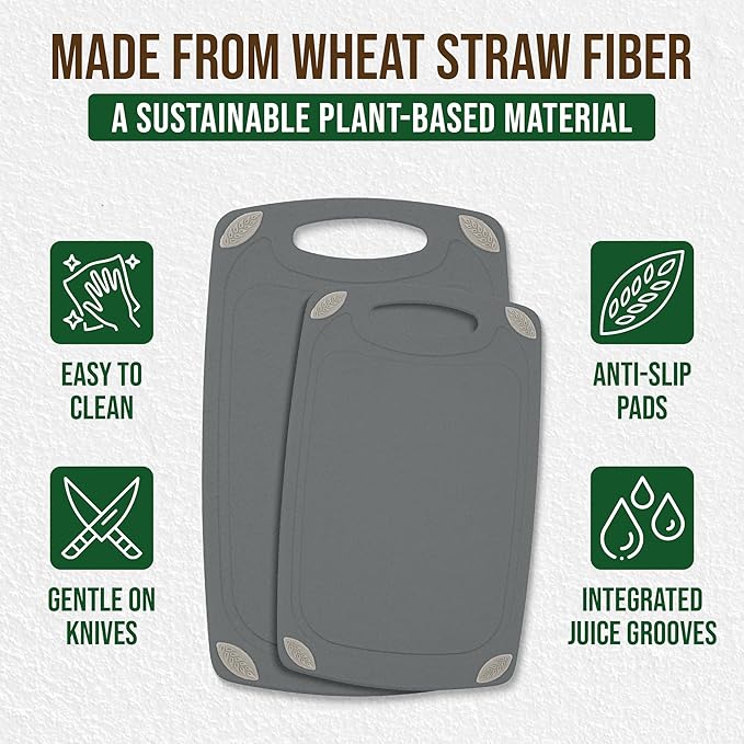 2-Piece Reversible Cutting Board Set Made from Natural Food Grade Wheat Straw Material - Eco-Conscious Alternative to Plastic - Gluten Free & BPA Free Chopping Boards for Kitchen
