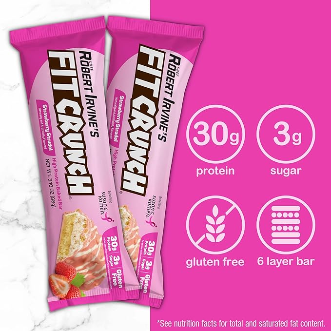 FITCRUNCH Full Size Protein Bars, 6-Layer Baked Bar, 3g of Sugar, Gluten Free & Soft Cake Core (12 Bars, Strawberry Strudel)