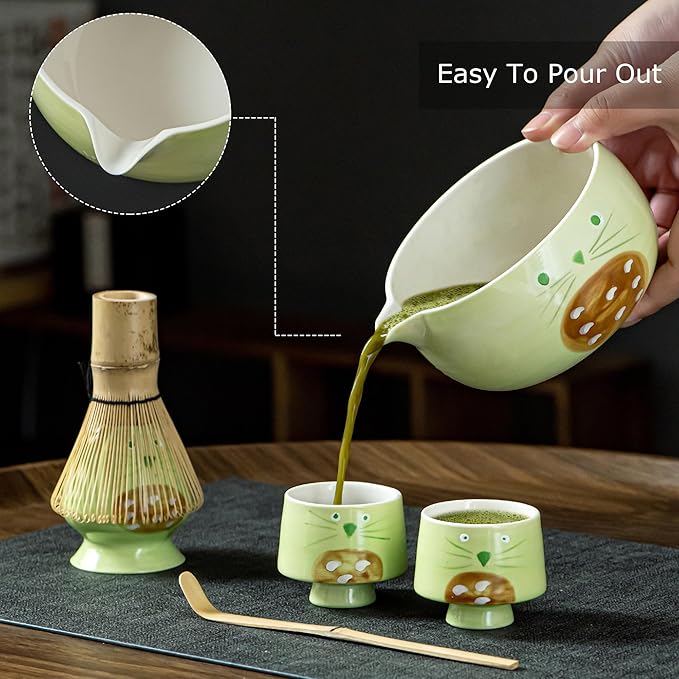 Green Matcha Set -Cute Cat Matcha Kit Includes Ceramic Bowl, Whisk and Holder, Bamboo Scoop - 6 Pcs Matcha Whisk Set for Matcha Lovers