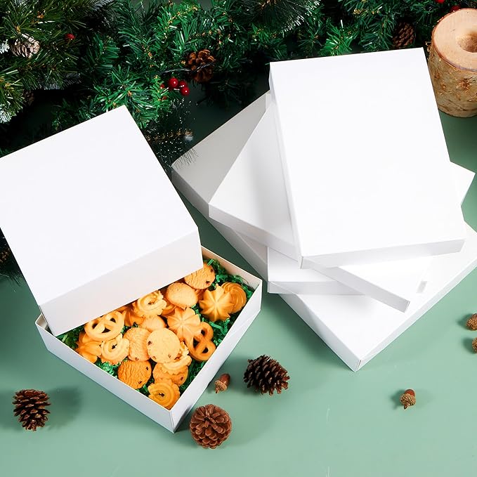 JOYIN 12PCS Christmas White Gift Boxes with Lids for Presents, 4" Deep Large Shirt Robe Wrapping Box, 4 Different Sizes Holiday Festive Lingerie Cupcake DIY Kraft Cardboard Boxes