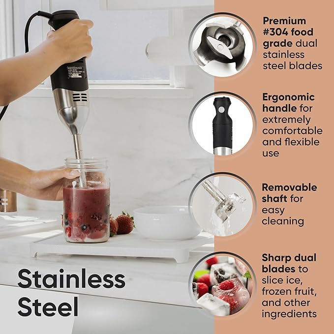 Handheld Immersion Blender 220W - 7” Stainless Steel with 8 Speeds - 110V + 1-Yr Coverage and 24/7 Pro Chef Support