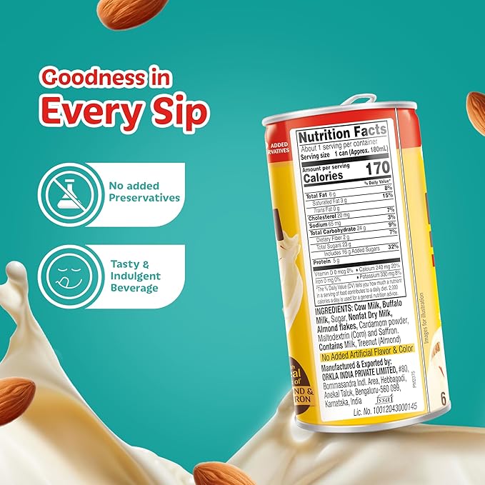 MTR Badam Drink, Ready-to-Drink - Authentic Indian Almond Milk Beverage, Real Bits of Almond & Saffron, No Added Preservatives, No Added Artificial Flavors & Colors, Gluten-Free, Refreshing Drink, Perfect for Anytime Refreshment, Pack of 6