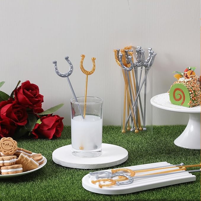 6 Inch Derby Drink Plastic Stirrers Swizzle Sticks for Cocktails Coffee Reusable U Shaped Horseshoe Drink Stirrers for Coffee Beverage Party Bar Weddings Events(Gold,silver,60 Pcs)