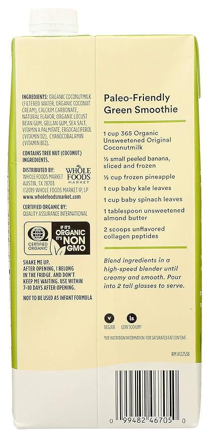 365 by Whole Foods Market, Organic Unsweet Original Coconut Milk, 32 Fl Oz (Pack of 6)