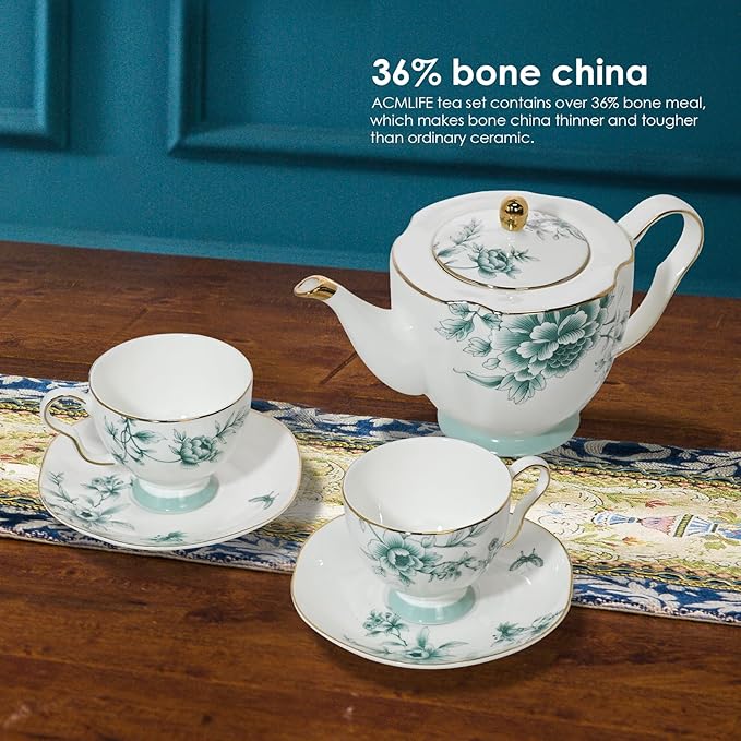 ACMLIFE Bone China Tea Cups and Saucers for 1, 6.8 oz Teacup Set for Adults, with Gold Trim and Gift Box, Blue and White Chinese English British Wedding Tea Set for One Coffee Cup Set (Blue-Leaf)