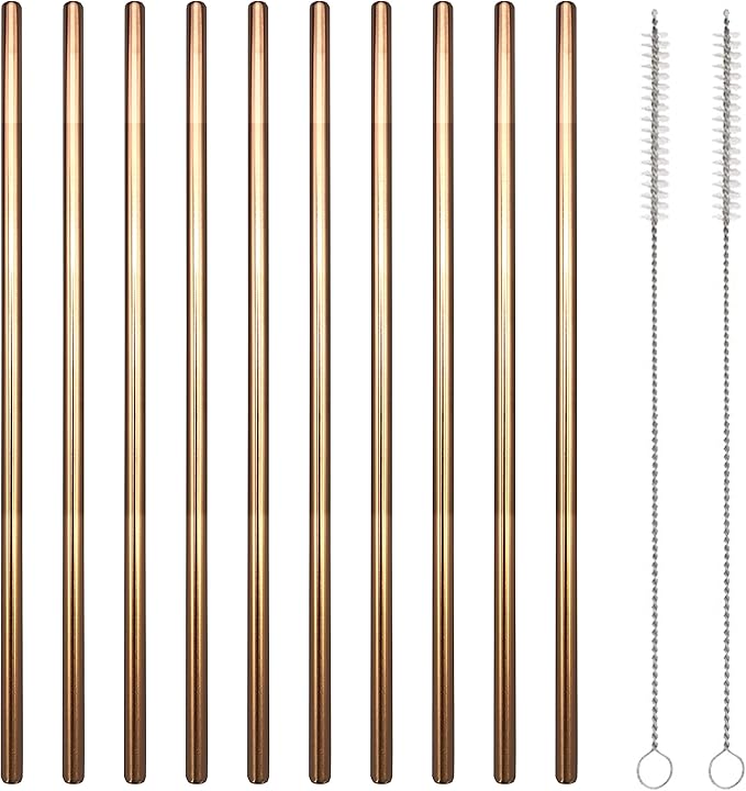 10 Pcs Stainless Steel Straws, Reusable Drinking Straws, Straight Metal Straw Sets with 2 Pcs Cleaning Brushes (10.5 Inch, Rose Gold)