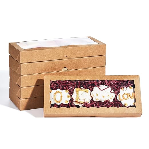 50PCS 12 x 5 x 1.5 inches Auto-Popup One Piece Premium Cookies Boxes, Macaron Boxes for 12, Kraft Brown Bakery Box for Holiday Cookie Gift Sets