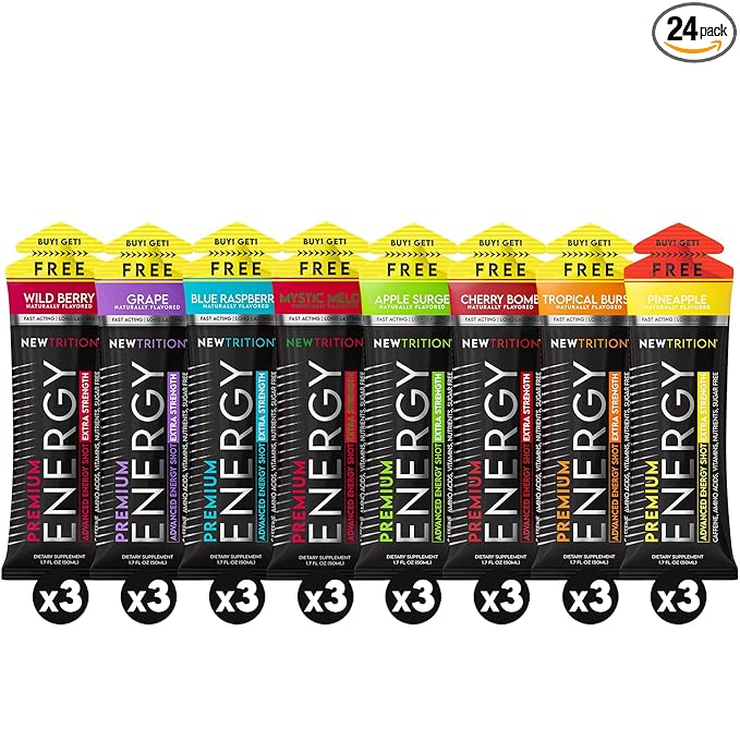 NewTrition® Extra Strength Energy Shots, Sugar-Free 1.7 fl oz (Pack of 24, 8 Flavors) - 250mg Caffeine Energy Drinks with Vitamin B & Amino Acids, Zero Calorie Vitamin Energy Shots (Mixed 1&2)