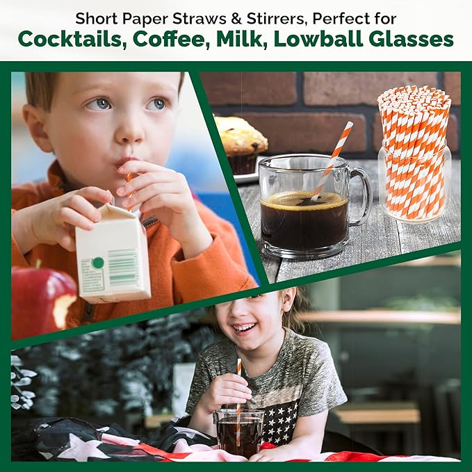 5.75 inch Orange Paper Cocktail Straws, Short Disposable Drinking Straws 500 Counts, Unwrapped - Compostable