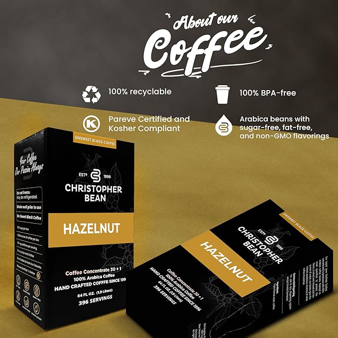 Christopher Bean Coffee - 396 servings, 30 to 1 Blend Bag in Box Liquid Instant Coffee or Cold Brew Coffee Concentrate - Hot or Iced Coffee - Hazelnut