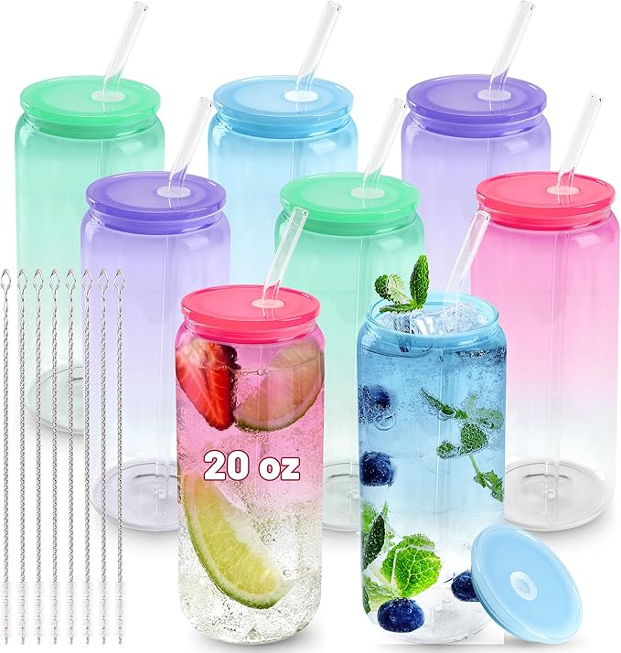 Joyclub 20oz Glass Cups with Acrylic Lids and Straws 8 Set Can Shaped Glass Iced Coffee Cups with Lids, Gradient Drinking Glasses Cute Tumbler Cup Great for Smoothie Soda Boba Tea Cocktail Beer Gift