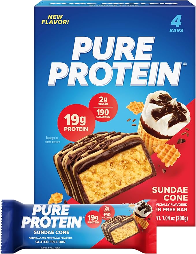 Pure Protein Bars, High Protein, Nutritious Snacks to Support Energy, Low Sugar, Gluten Free, Sundae Cone, 1.76oz, Pack of 4