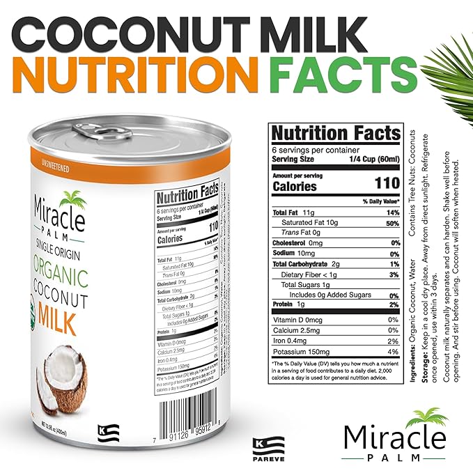 Miracle Palm Coconut Milk Unsweetened - Coconut Milk Canned, Additive Free Organic 13.5 Fl Oz (Pack of 12)