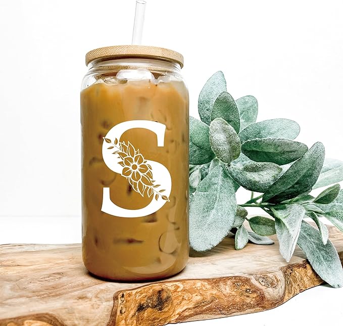 Personalized Gifts for Women, Monogrammed Glass Cups with Lids and Straws, Custom Tumbler, Cute Customized Mug, Aesthetic Stuff, Initial Iced Coffee Cup, Drinking Glasses, Birthday Teacher Gifts, F