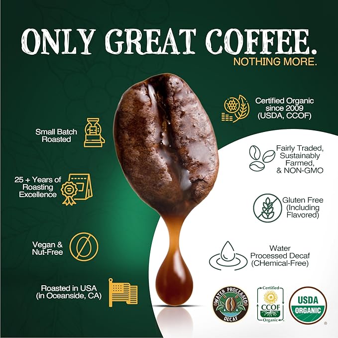 The Bean Organic Coffee Company Water Processed DECAF California Blend, Medium Roast, Ground Coffee, 16-Ounce Bag, Café Molido Tostado Orgánico descafeinado