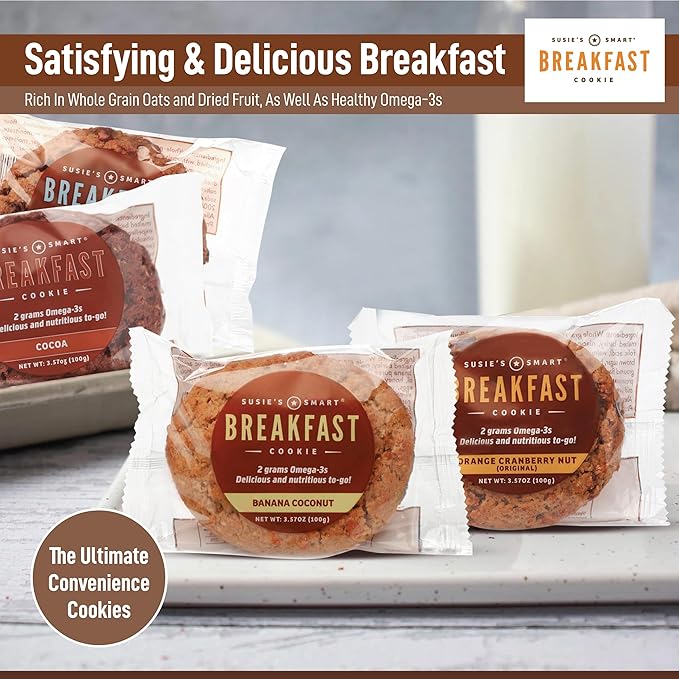 Susie’s Smart Breakfast Cookie, Mixed Box of 12 Breakfast Cookies (3) Orange Cranberry Nut (3) Gingered Apple (3) Banana Coconut (3) Cocoa Omega-3 and Protein-Rich, Soft Chewy Whole Grain Snack, Healthy On-the-Go Breakfast or Anytime Treat 3.5 oz Each.