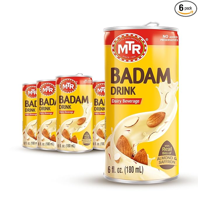 MTR Badam Drink, Ready-to-Drink - Authentic Indian Almond Milk Beverage, Real Bits of Almond & Saffron, No Added Preservatives, No Added Artificial Flavors & Colors, Gluten-Free, Refreshing Drink, Perfect for Anytime Refreshment, Pack of 6