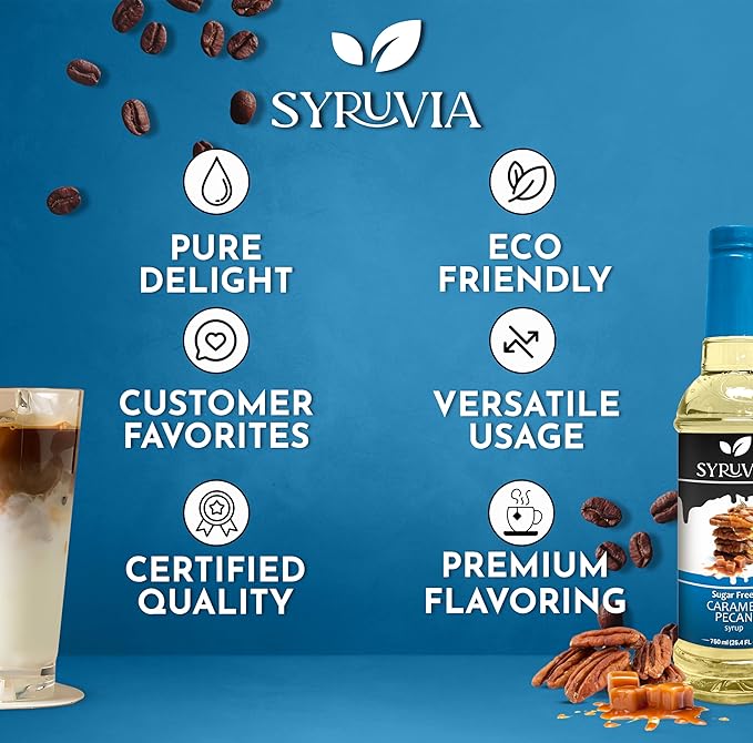 Syruvia Sugar Free Coffee Syrup, Caramel Pecan Flavored Syrup for Drinks, Lattes, and Desserts – 25.4 fl oz