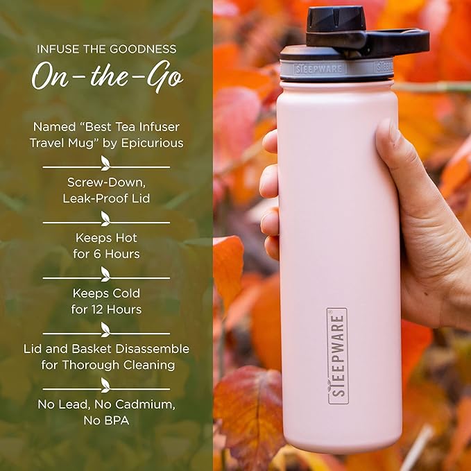 The Tea Spot Steepware Tea Tumbler, Tea Thermos, 22oz, Violet- Travel Bottle with Tea Infuser for Loose Leaf Tea or Iced Coffee - Sleek Double-Walled Insulated Bottle