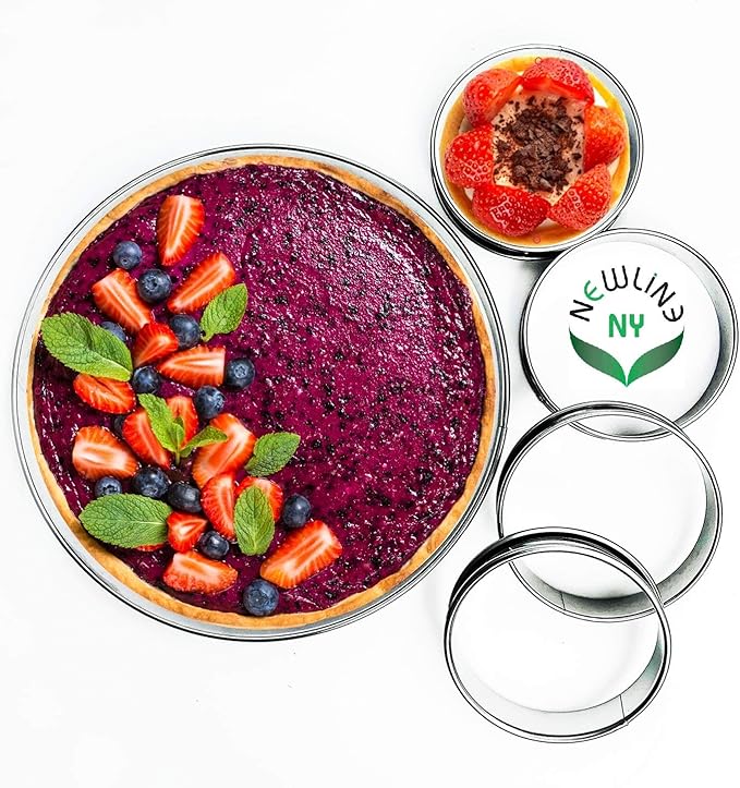 NewlineNY Stainless Steel 5 Pcs double rolled edges Circular Round Tart Rings, Pastry Muffin Molding Plating, Set of 5 : 1 x (28cm 11") + 4 x (10cm 4") x (2.2cm 0.85" H)