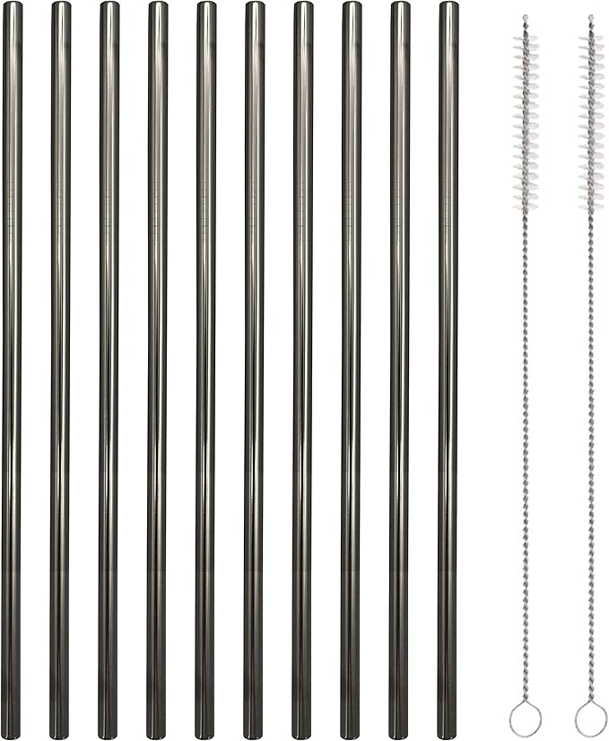 10 Pcs Stainless Steel Straws, Reusable Drinking Straws, Straight Metal Straw Sets with 2 Pcs Cleaning Brushes (10.5 Inch, Black)