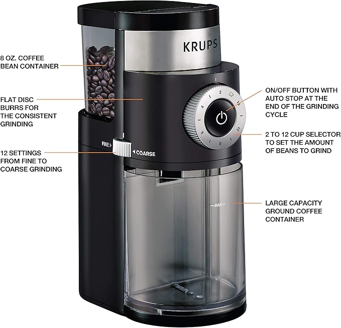 KRUPS Precision Burr Coffee Grinder: 12 Settings, 8 oz Capacity for Drip, French Press, Espresso, Pour Over, Cold Brew - Stainless Steel, 110W, Auto-Stop, Easy Clean