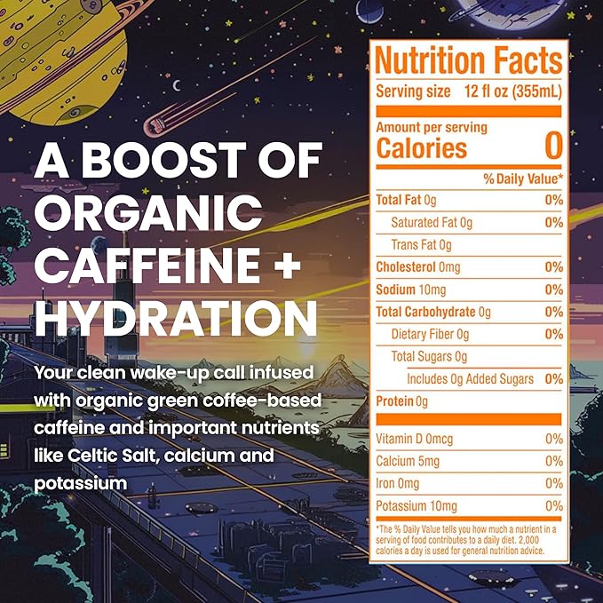 JUNO ENERGY Drink Unflavored Sparkling - Sugar Free Electrolytes, 125mg Organic Caffeine from Green Coffee Beans with Celtic Salt, Potassium & Calcium for Hydration & Energy - 12 Pack