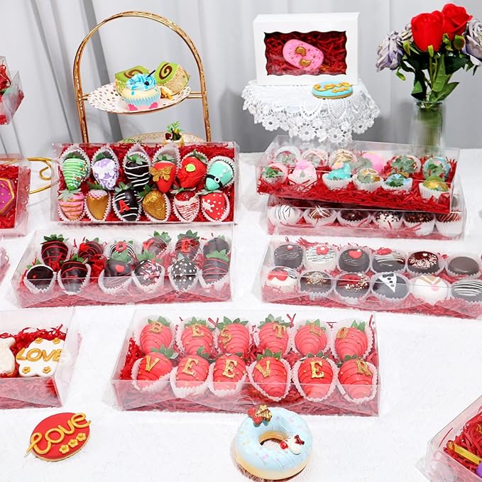 12PCS 12x5x2 Inches Clear Valentines Strawberry Boxes Cookie & Gift Boxes for Party Favors