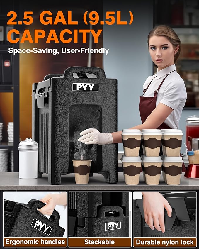 Insulated Beverage Dispenser 2.5 Gallon, Hot and Cold Drink Water Pitcher Coffee Carafe with Spigot Handle and Stand, Commercial Thermal Urn for Chocolate Cocoa Iced Juice Tea Milk Punch Outdoor Party