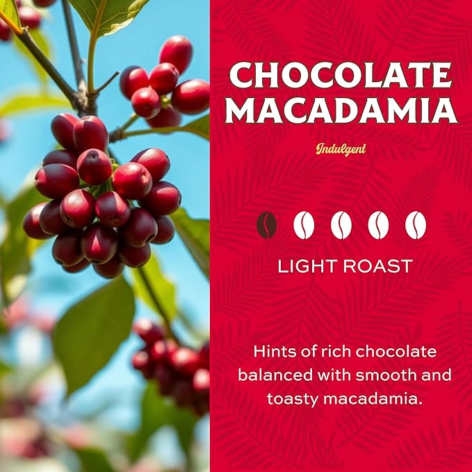 Lion Coffee Chocolate Macadamia Flavored Whole Bean Coffee, Light Roast, Hawaiian Inspired Taste - 24 Ounce Bag